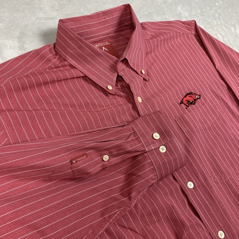 Antigua Shirt Mens XL Arkansas Razorbacks Long Sleeve Button Down Red Striped